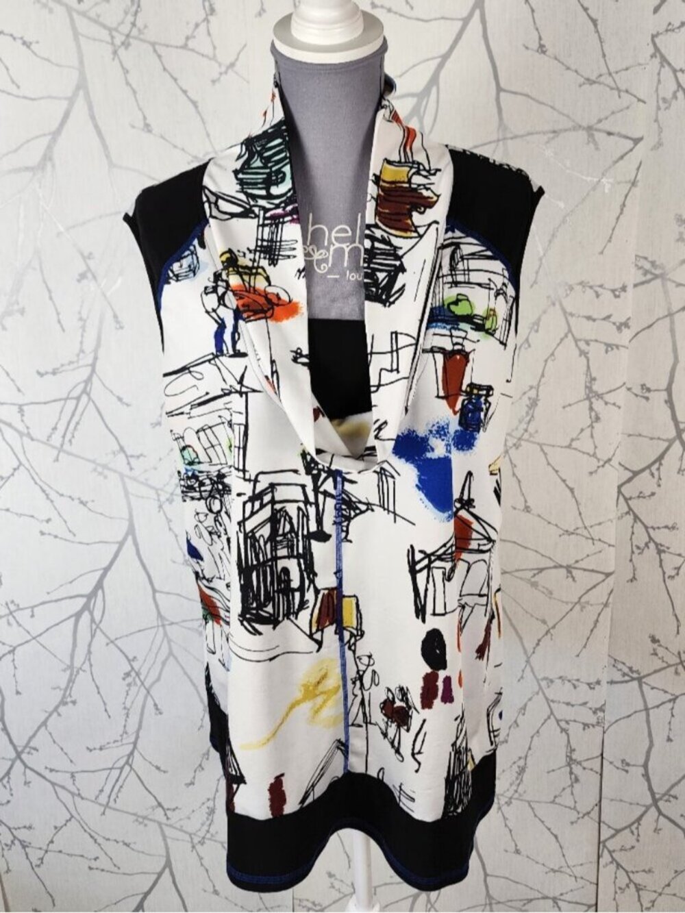 Modes Crystal Slinky Stretch Jersey Artsy Print Cowl Neck Tank